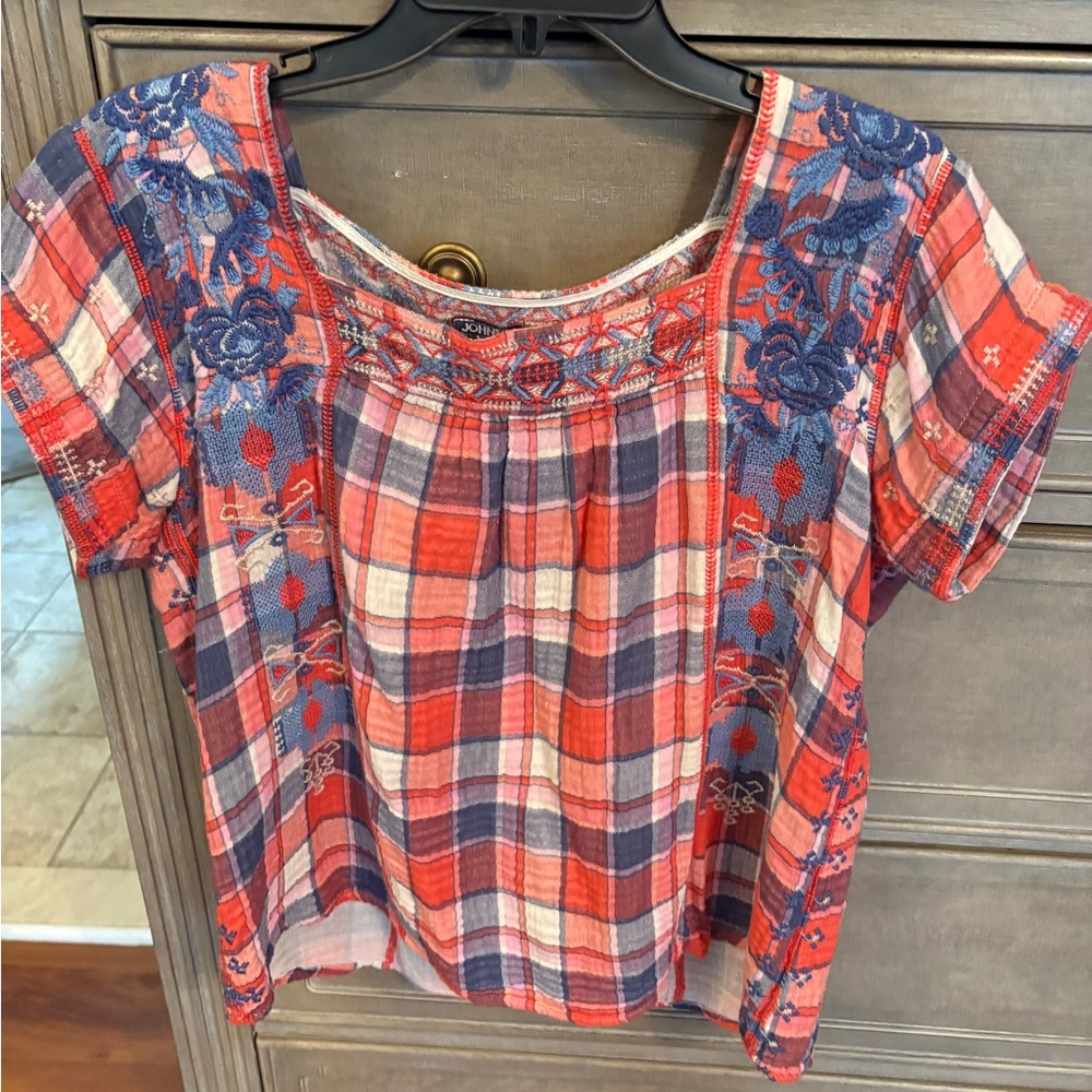 Johnny Was Plaid Embroidered Short-Sleeve Women's Top